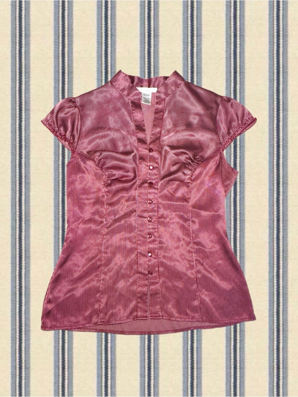 Red and White Striped Satin Button Up Blouse